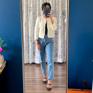 Zara Cream Textured Open-Front Cropped Blazer